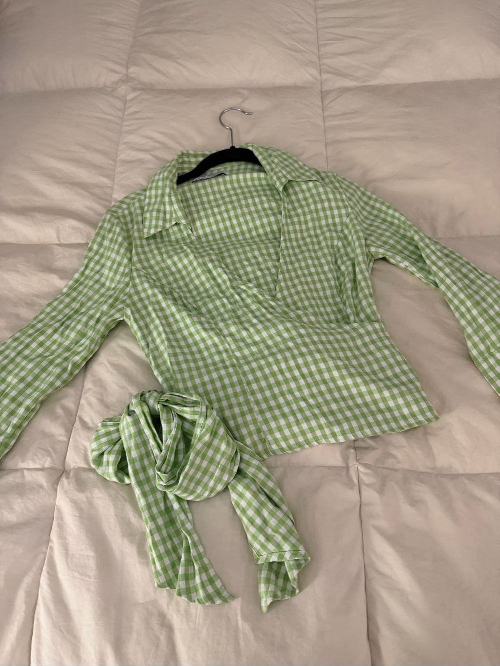 Urban Outfitters Light Green and White Gingham Top